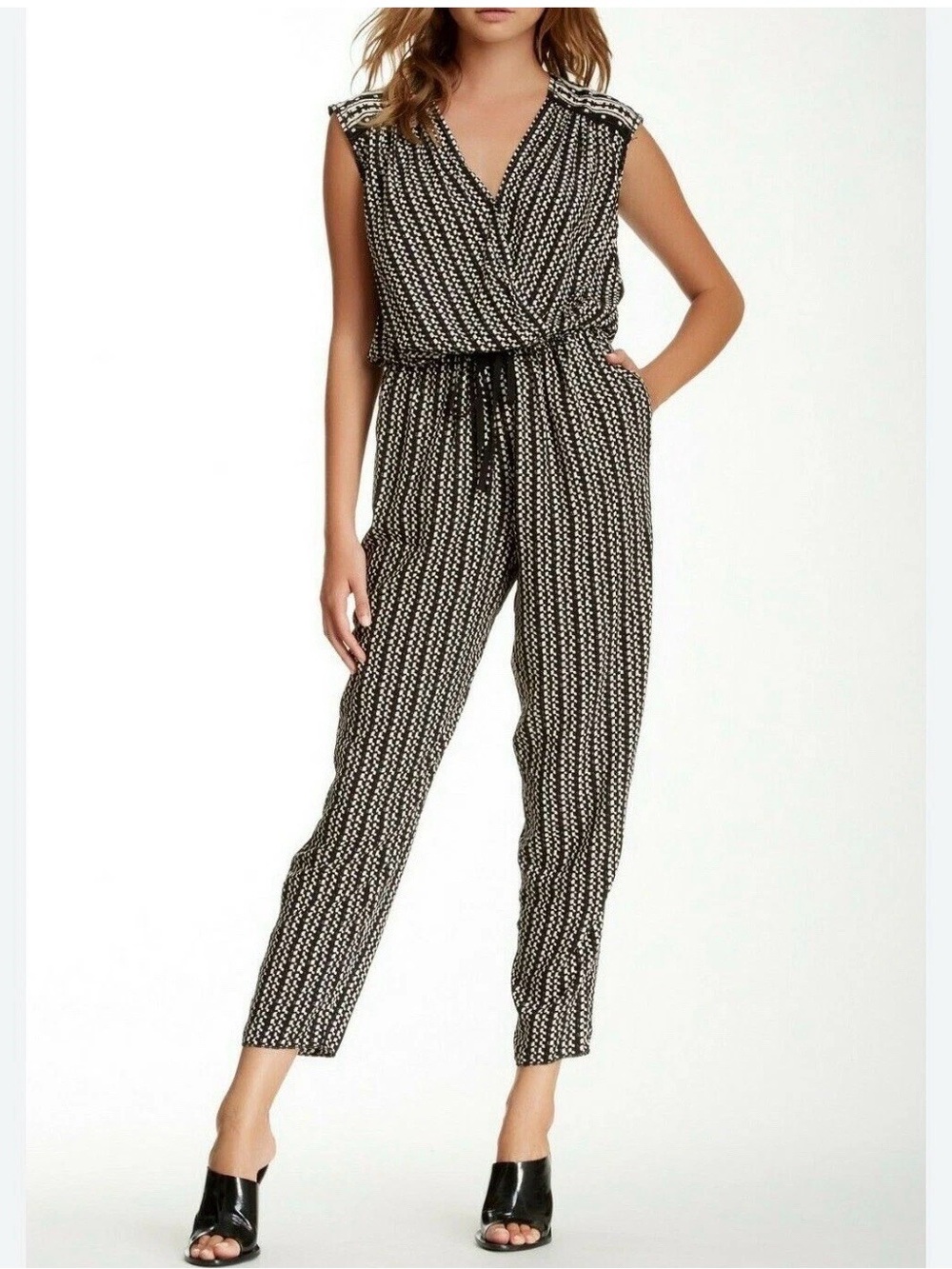 Max Studio Black & White Sleeveless Printed Jumpsuit with Drawstring
